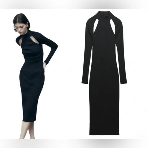 Zara knit midi dress Front cutouts Long sleeved Black Size S NWT Stretchy Sleek - Picture 12 of 12
